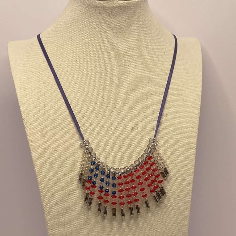 Vintage Silver Safety Pin Plastic Beaded Flag Necklace Adjustable Length